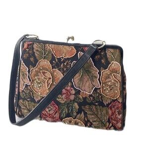CHRISTIANA LAPETINA Victorian Vtge Tapestry Floral Shoulder Bag Blk Hand Beaded
